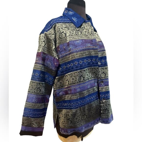 Vtg 90s Chicos Silk Artsy Boho Metallic Striped Glam Button Eclectic Jacket M - Picture 1 of 7